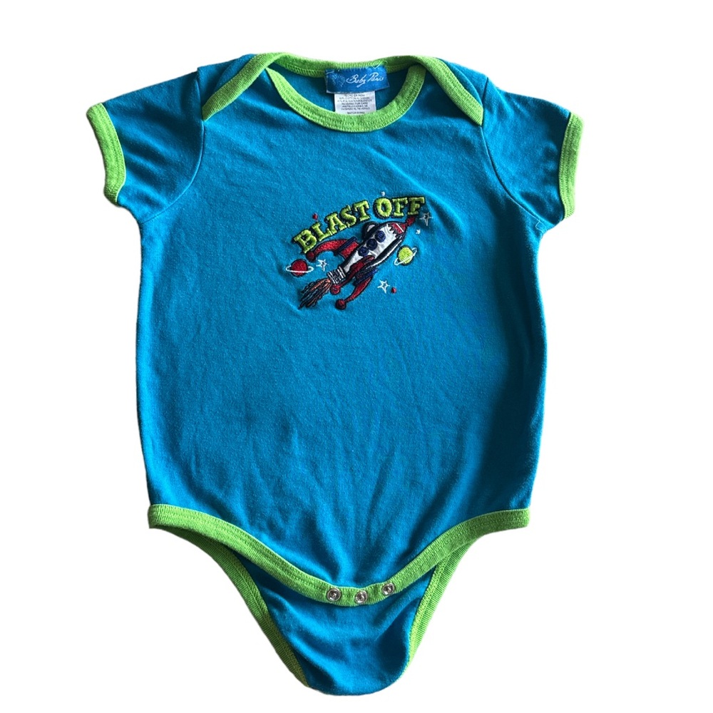 3 FOR $20 BABY PARIS 24M Blast Off Blue & Green Snap Button Bodysuit